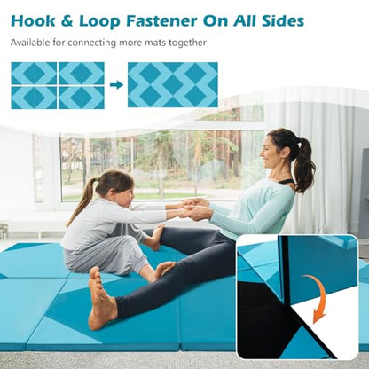 Goplus Folding Gymnastics Mat, 10’ x 4’ x 2’’ Thick Tumbling Mats with PU Leather, Hook & Loop Fasteners, Portable Handles, 4-Panel Exercise Mat for Home Gym Workouts, Yoga - color: Baby Blue+Blue