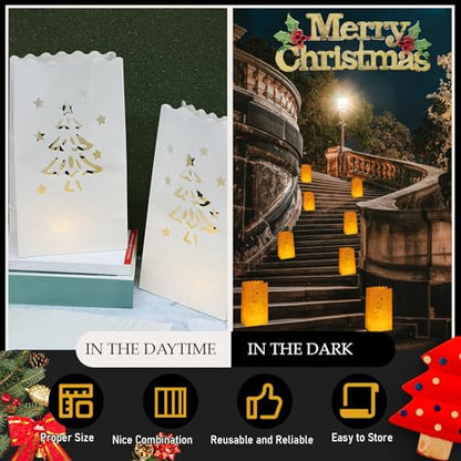 Sabary 50 Sets Luminary Bags with Flameless Tea Lights Outdoor Luminaries LED Lantern Candle Bags for Wedding Birthday Ramadan Christmas Party Decorations Romantic Decor(Xmas Tree) - style: Xmas Tree