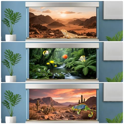 3 Pack Terrarium Background Polyester Reptile Background，Gobi Sunshine Cactus Stone & Green Tree Fern Stream Terrarium (48 inches x 24 inches) - size: 48 x 24 inches