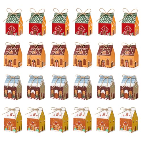 ONESING 24 Pcs Small Christmas Treat Boxes, Mini Gingerbread House Candy Boxes for Party Favors, Treats Packaging, Goodie Bags, Holiday Snacks, Xmas Decor - color: Colorful-F