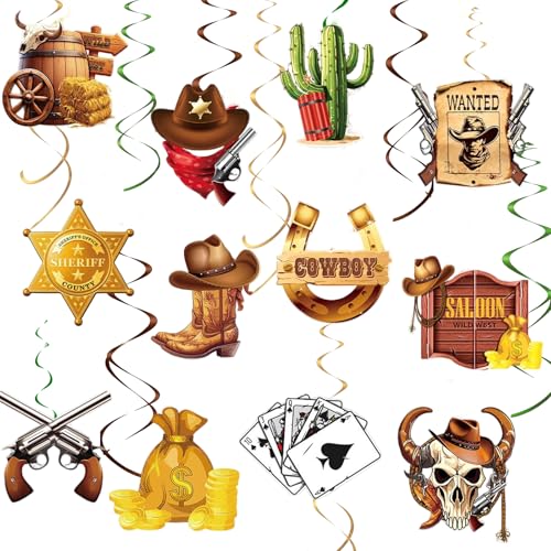 Western Party Decorations, 48 Pcs Cowboy Birthday Party Supplies - Wild West Themed Hanging Swirls with Sheriff Badge/Wanted Poster/Cactus, Reusable Cowboy Party Decor (Brown/Gold/Green) - color: Brown