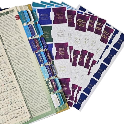 Al Bayan Quran Tabs - 114 Surah + 6 Blank +30 Juz Tabs - Premium Vinyl with Gold Foil Lettering - Laminated Quran Indexing System with Alignment Guide (Vibrant - English) - color: Vibrant - English