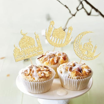 24 Pack Eid Mubarak Cupcake Toppers Glitter Star Ramadan Kareem Cupcake Pick Moon Star Eid Islamic Muslim Theme Party Cake Decoration Supplies Gold - color: Gold