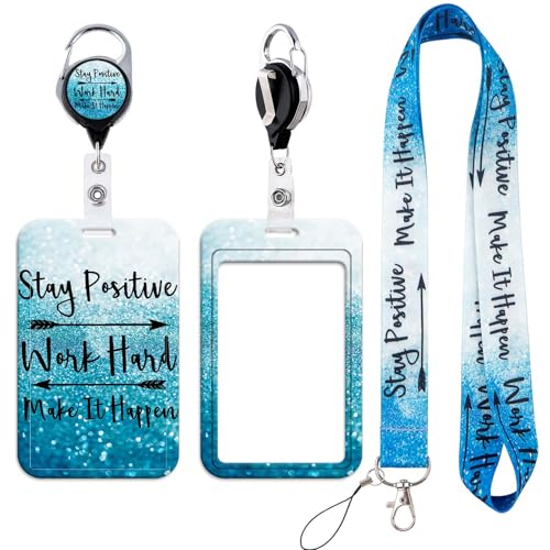 Blue Positive Lanyards for ID Card Badges Retractable ID Badge Holder for Women Work with Reel Keychain Clip Positive Card Holder with Carabiner Clip Heavy Duty - color: Stay Positive
