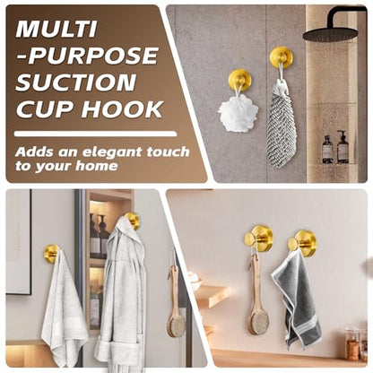 Suction Cup Hooks for Shower,Stainless Steel Towel Hooks No Drill | Vacuum-Lock Mount, Removable and Reusable for Glass, Tile, Metal and Smooth Non-Porous Surfaces(2 Pack, Brushed Gold) - color: Brushed Gold