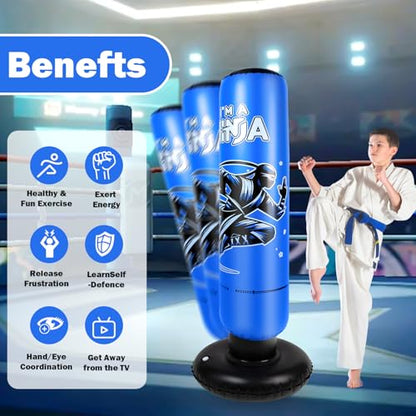 Onirii 66 Inch Kids Inflatable Punching Bag | Large Stable Kids Inflatable Boxing Bag Toy Set with Gloves for Boys & Girls Age 3-12 for Taekwondo,MMA and Practicing Karate - color: Ninja Blue