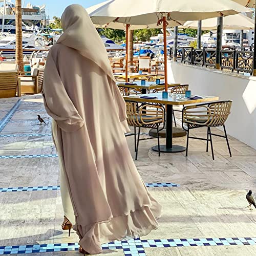 Abayas for Women Muslim Dubai Dress Solid Loose Fit Long Cardigan Islamic Kaftan Robe Open Front Maxi Length - color: Khaki Set, size: Large