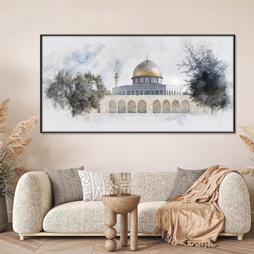 Canvas Wall Art - Aqsa Mosque with Olive Trees, Masjid Aqsa Canvas Print, Islamic Wall Art, Kaaba Wall Decor, Muslim Poster, Religious Print Art, Home Wall Decor (Black Framed, 62"x31"|160x80cm) - color: Black Framed, size: 62L"x31W"