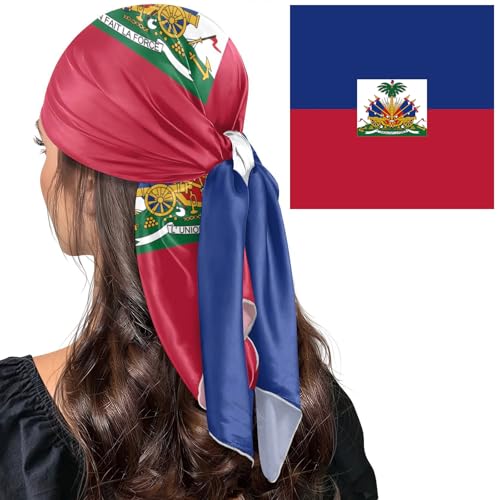 Bandana Square Head Scarf for Women Satin Hair Wrap Fashion Headband 27" - color: Hayti Flag