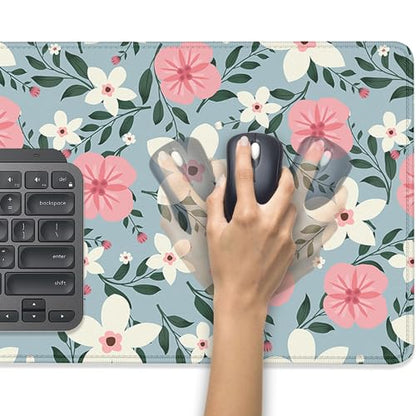 Retro White Pink Flowers Desk Pad Mouse Pad,Extended Large Gaming Floral Mouse Mat with Stitched Edges,Non-Slip Waterproof Rubber Base Mousepad for Office Work Home Desk Mat(27.5X11.8 in) - color: Retro Whitepink Flowers