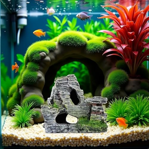 Resin Aquarium Mountain Decor with Moss Rock Cave - Multi-Level Terrain for Fish Tank Landscaping, Natural-Looking Rockery Design with Hidden Cave and Crevices for Shrimp,Reptile Habitat Aquascaping