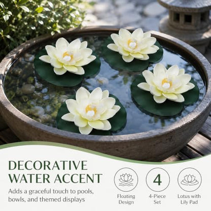 4Pcs Floating Foam Lotus Flowers with Lily Pads, Artificial Pond Plants Ornaments for Pool Aquarium Water Decoration