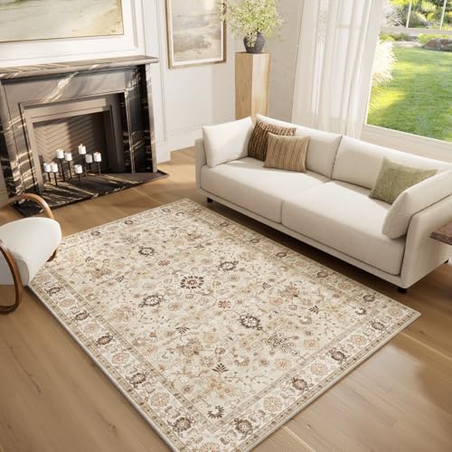 Machine Washable Rugs for Living Room: 5x7 Area Rugs for Bedroom - color: Beige /Khaki/Multi, size: 5' x 7' (Rectangular)