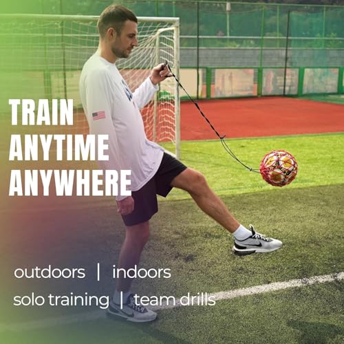 PodiuMax Handle Solo Soccer Kick Trainer with New Ball Locked Net Design, Soccer Ball Bungee Elastic Training Juggling Net (Fits Ball Size 3, 4, 5) - color: Red