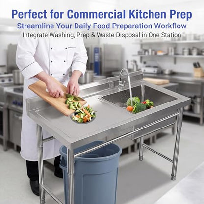 Commercial Stainless Steel Sink, Fish Cleaning Table with Trash Chute, Utility Portable Single Bowl Kitchen Hand Washing Station, Outdoor Free Standing Prep Table with Sink, Camping Basin Laundry Tub( - size: 100*50*80cm/39.3*19.6*31.4in