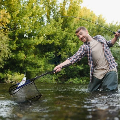 Noamus Floating Fishing Net, 35" Fishing Landing Net with Collapsible Telescopic Pole Handle, Rubber Coated Mesh Folding Fly Fish Net for Salmon Steelhead Bass Trout Walleye Kayak, Fresh Salt Water