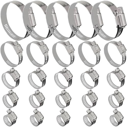 25 Pack Stainless Steel Hose Clamps Assortment Kit, Adjustable 8-57mm Worm Gear Hose Clamp Heavy Duty Duct Pipe Clamp for Plumbing, Fuel Line, Radiator, Mechanical, Automotive Application, Industrial - size: 25 Pcs Kit - Hose Clamp (8-57 mm)