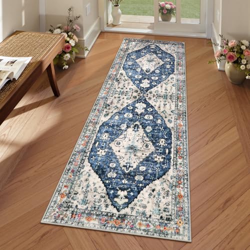 Lahome Felice Boho Tribal Runner Rug - 2x6 Kitchen Rug Runner for Living Room Entryway Mat, Turkish Soft Washable Non Slip Throw Office Carpet Runners for Bathroom Sunroom Mudroom Foyer, Blue - color: Blue, size: 2' x 6' (Runner)