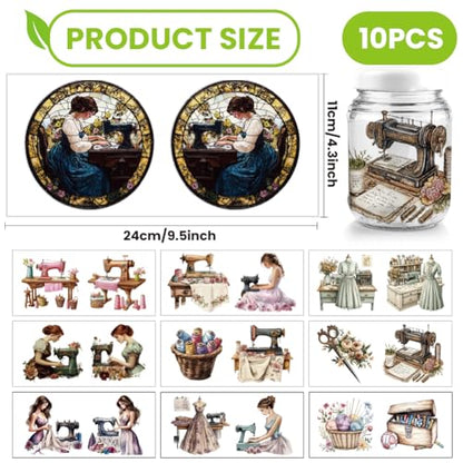 arricraft 10 Pcs Colorful Sewing Theme Cup Printing UV Transfer Papers, 10 Styles Human Feminine Sewing Elements UV DTF Cup Wrap Stickers for 16 OZ Glass Cups Crafts 9.5x4.3inch - style: Colorful Sewing Theme