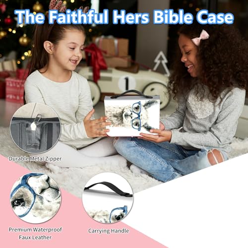Bible Cover Case for Women, PU Leather Large Bible Cases with Zipper Fits Books Up to 12" x 9" x 2.76”, Bible Carrying Bag for Men, Alpaca with Glasses - color: Alpaca With Glasses