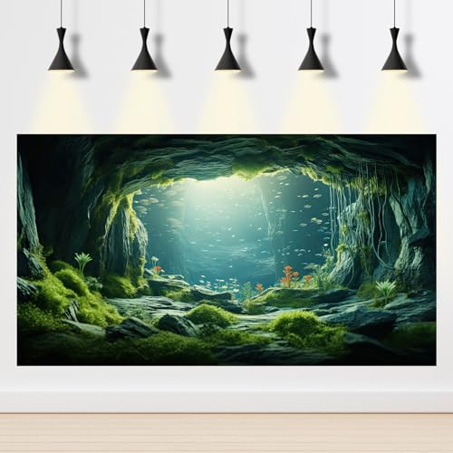Underwater Cave Aquarium Background Under The Sea World Large Rock Fish Tank Background Aquatic Plant Lush Green Moss Reptile Tank Backgrounds Cave Landscape Reptile Enclosure Background 24x12in - color: Bright Green, size: 24(W)x12(H)inches/ 60(W)*30cm(H