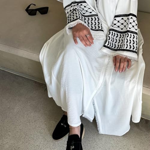 Women Ramadan Muslim Abaya Long Sleeve Embroidered Open Front Cardigan Kimono Turkey Dubai Kaftan - color: White, size: XX-Large