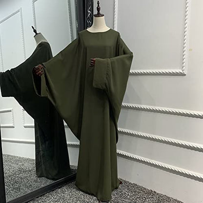 Muslim Dress for Women Pakistani Kaftan Abaya Robe + Hijab Arabic Islamic Prayer Clothes Dubai Outfits - color: Army Green Set
