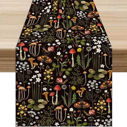 Rustic Mushroom Table Runner Retro Cartoon Bohemian Forest Moth Mushroom Plant Snail Flower Table Decor Table Top Dining Kitchen Wedding Party 13x36 in - color: Table-43, size: W13X L36
