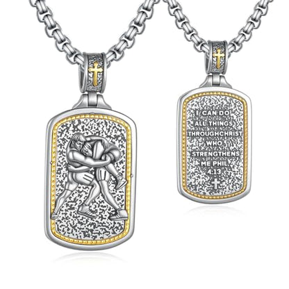 Western Catus/Knights Templar/St Michael/Santa Muerte/Praying Hand/Spartan/Virgin Mary/Tetragrammaton/Wrestlers/Allah Necklace Sterling Silver Dog Tag Necklace Christian Jewelry Gifts for Men - style: Wrestlers