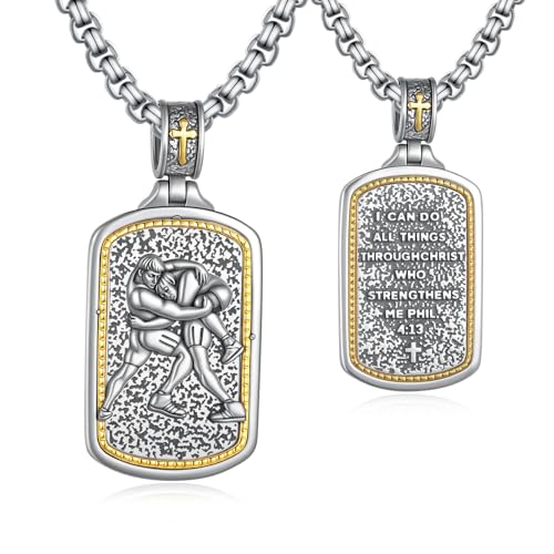 Western Catus/Knights Templar/St Michael/Santa Muerte/Praying Hand/Spartan/Virgin Mary/Tetragrammaton/Wrestlers/Allah Necklace Sterling Silver Dog Tag Necklace Christian Jewelry Gifts for Men - style: Wrestlers