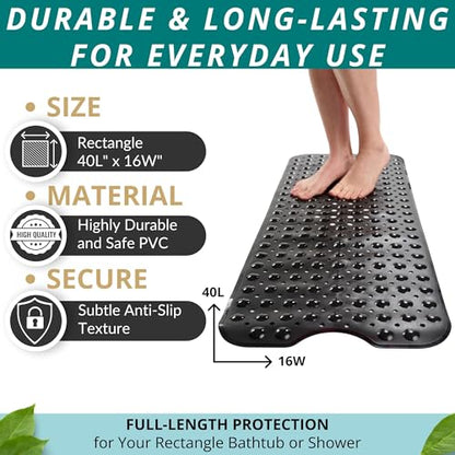 ENKOSI Non-Slip Bath & Shower Mat 40x16 Extra Long, Suction & Drain Holes | Black color; Durable PVC; 40x16 in, Black - color: Black