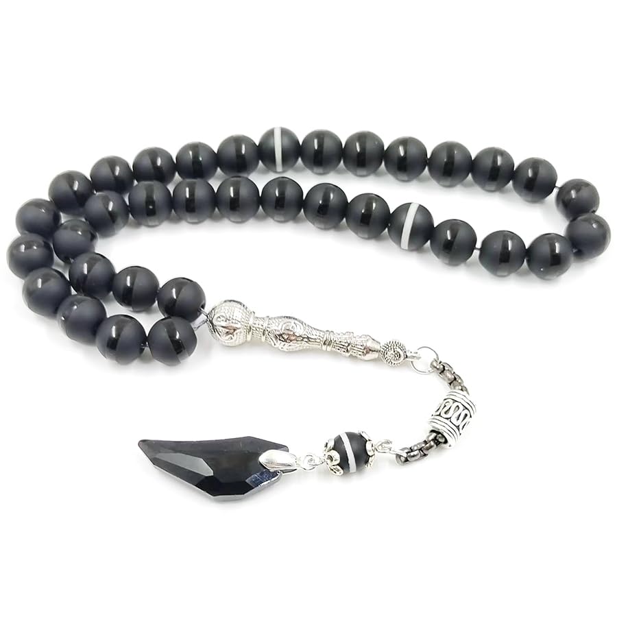 ALBASHAN Black Crystal Tasbih and agate tassel Muslim prayer beads 33 45 66 99 Misbaha rosary beads Islamic Eid ADHA gift - size: 10mm x 33beads