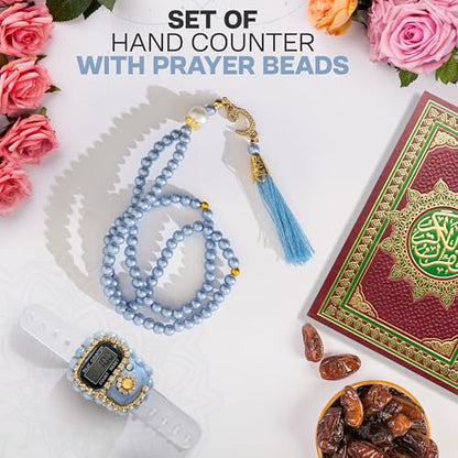 Islamic Tasbih Prayer Beads & Digital Tasbeeh Counter Set – 3 Pack Muslim Prayer Gift for Dhikr, Meditation & Ramadan, Elegant Beads with LCD Finger Counter in Heart-Shaped Gift Box (Blue) - color: Blue