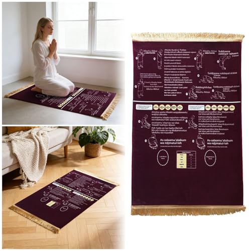 Bilingual Guided Prayer Mat with English Reading & Arabic Recitation Guide, Non-Slip Salah Prayer Mat with Instructions for Prayer Learning, Meditation (Red, 70x110cm)
