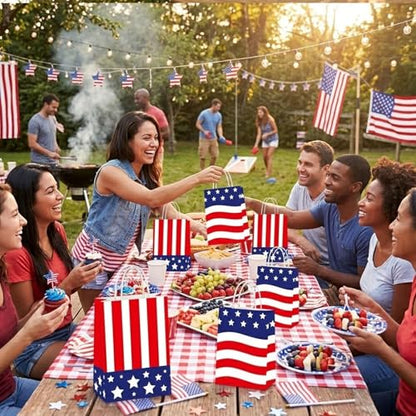 LAOREI 12 Pcs 4th of July Gift Bags with Handles, Patriotic Paper Goodie Sacks, Red White Blue American Flag Treat Bags for Independence Day Party, Memorial BBQ, Veterans Event, Birthday - color: Red White Blue