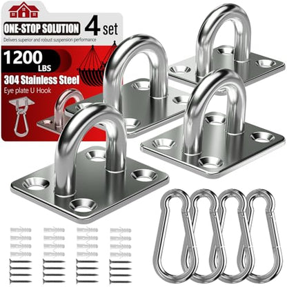 sprookber 304 Stainless Steel Pad Eye Snap Hooks, M8 Heavy Duty Ceiling Hooks, 1200 lb Capacity Hammock Swing Hanging kit, Plant Hangers, Marine Hardware Staple Hook Loop with Screws, Set of 8 | Hanging Kit with Screws for Hammock Chair Swing, Yoga Gym Eq