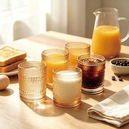 Flrolove Hobnail Drinking Glasses Set of 4, 10oz Amber Vintage Glasses | Cocktail Glasses, Vintage Glasses Drinking Set, Mixed Drinkware Set Vintage Glassware Set for Juice, Cocktail, Whisky, Soda