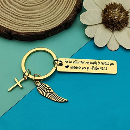 Dabihu Christian Keychain Gift for Women Men Religious Jewelry First Communion Gifts Baptism Gifts Bible Verse Keychain - color: For He Will Order His Angels to Protect You Wherever You Go Inspirational Gold Keychain