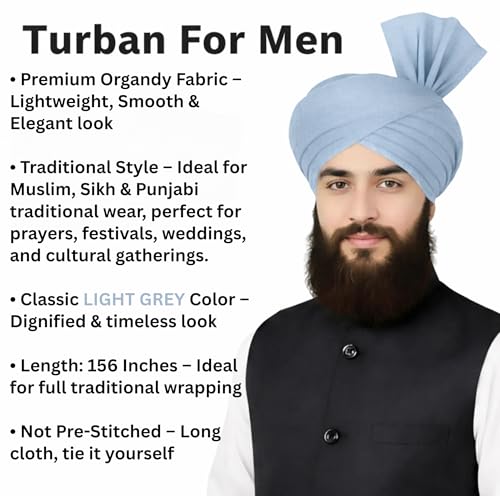Turban For Men (156 Inches) Long Cloth – Muslim, Sikh, Punjabi Headwrap | For Prayer, Festivals & Special Occasions - color: Light Grey