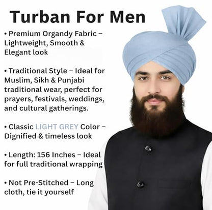 Turban For Men (156 Inches) Long Cloth – Muslim, Sikh, Punjabi Headwrap | For Prayer, Festivals & Special Occasions - color: Light Grey