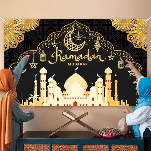 Ramadan Decorations for Home Black and Gold Eid Decorations Mubarak Backdrop Banner Ramadan Decor Hang Ramadan Mubarak Photography Banner Background Holiday Welcome Banner for Party Supplies