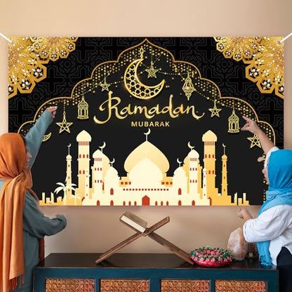 Ramadan Decorations for Home Black and Gold Eid Decorations Mubarak Backdrop Banner Ramadan Decor Hang Ramadan Mubarak Photography Banner Background Holiday Welcome Banner for Party Supplies