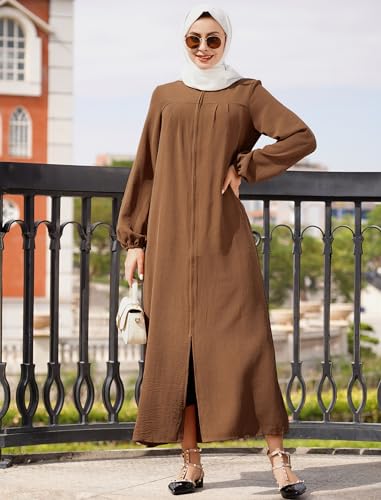 Muslim Dresses for Women One-Piece Long Sleeve Stand Collar Zip Up Islamic Prayer Dress Abaya Kaftan Dubai Dress - color: Brown, size: 4X-Large