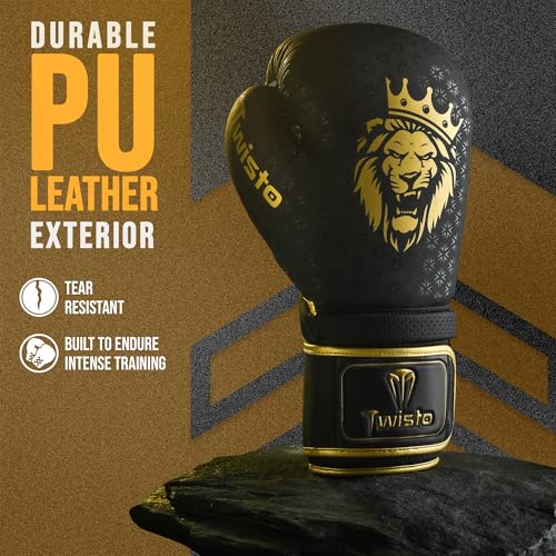 Twisto Boxing Gloves Black Rox - Pro Training & Sparring, Maya Hide Leather, Muay Thai, MMA, Kickboxing, Men, Women, Adults, Heavy Punching Bag, Focus Mitts, Pads,10oz 12oz 14oz 16oz - color: Golden, size: 10 oz