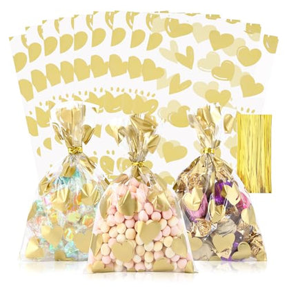COQOFA 100 Pcs 5x7 IN Gold Heart Cello Cellophane Gift Bags for Baby Shower, Valentine, Wedding, Birthday with Twist Ties - color: Gold Heart, size: 5x7 in