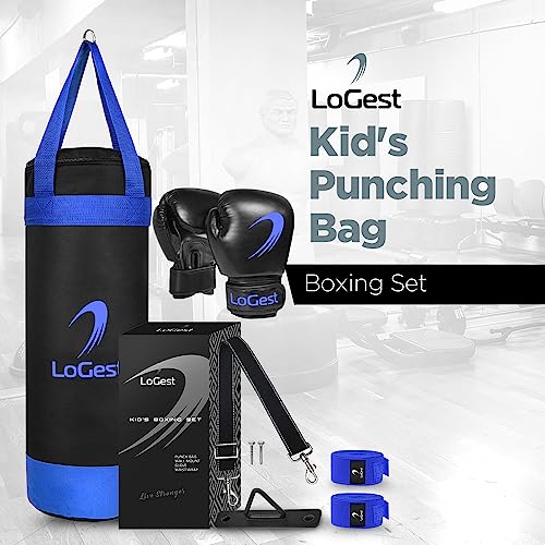 LoGest Punching Bag for Kids Boxing Set - Suitable for Kids Punching Bags 3-8 Years of Age - Boxing Gloves & Hand Wraps Included - Youth Children Boxing MMA Kickboxing Muay Thai Karate Punching Bag - size: 6 Ounces Glove