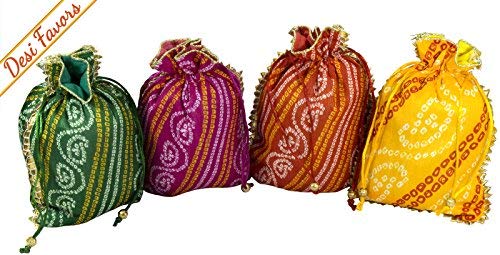 Desi Favors Bandhini Potli Bags - Assorted Potlis/Batwa/Drawstring Pouches/Silk Party Favour/Favor Bags for Weddings/Housewarming/Christmas/Birthdays Pooja Return Gifts - 9.44x7.08 Inch (Pack of 4) - color: Red, Pink, Green & Yellow