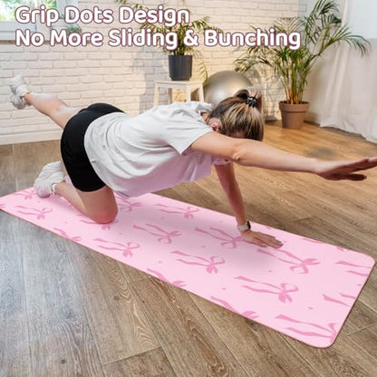 Breling Pink Bow Yoga Mat Towel with Grip Dot Preppy Coquette Bow Non Slip Ultra Absorbent Soft Microfiber Towel Without Hot Yoga Mat 72 x 24 Inch for Pilates Fitness Gym Women Birthday Gifts - color: Pink