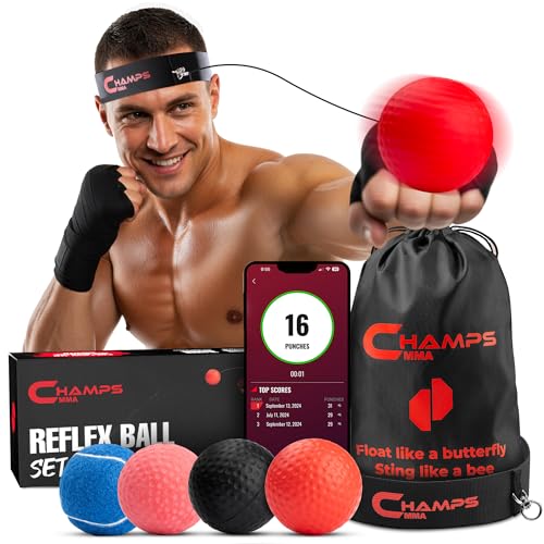 Champs MMA Boxing Reflex Ball Set with Punch Counter App – Hand-Eye Coordination & Speed Training Kit