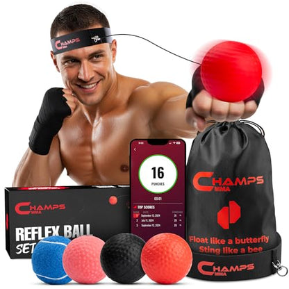 Champs MMA Boxing Reflex Ball Set with Punch Counter App – Hand-Eye Coordination & Speed Training Kit